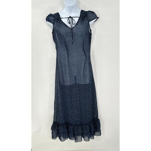 Olsenboye Sheer Maxi Dress Womens Large Blue Ditzy Floral Ruffle Whimsy‎